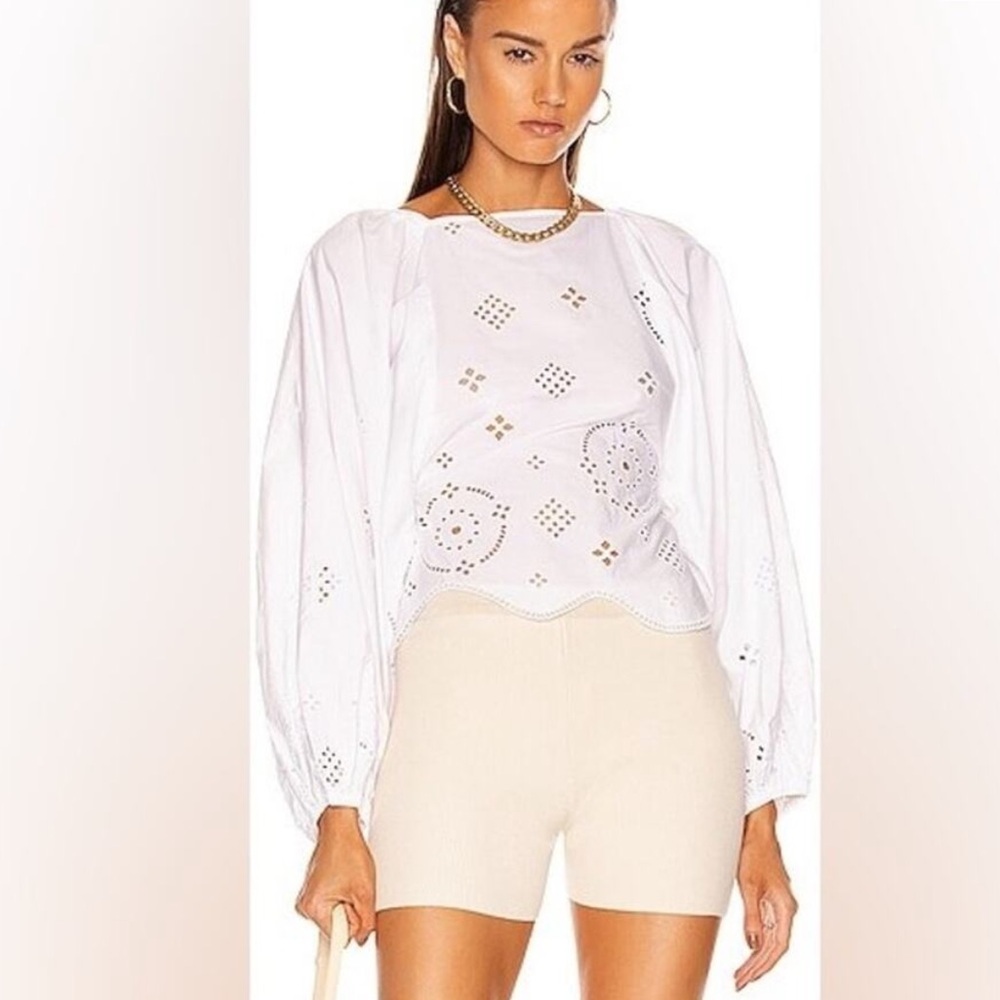 GANNI Broderie Anglaise Cropped Puff Sleeve Embroidered Eyelet Blouse White NEW